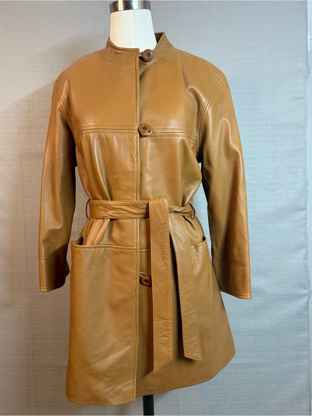 Nicole Miller Collection Camel Leather Belted Coat Jacket